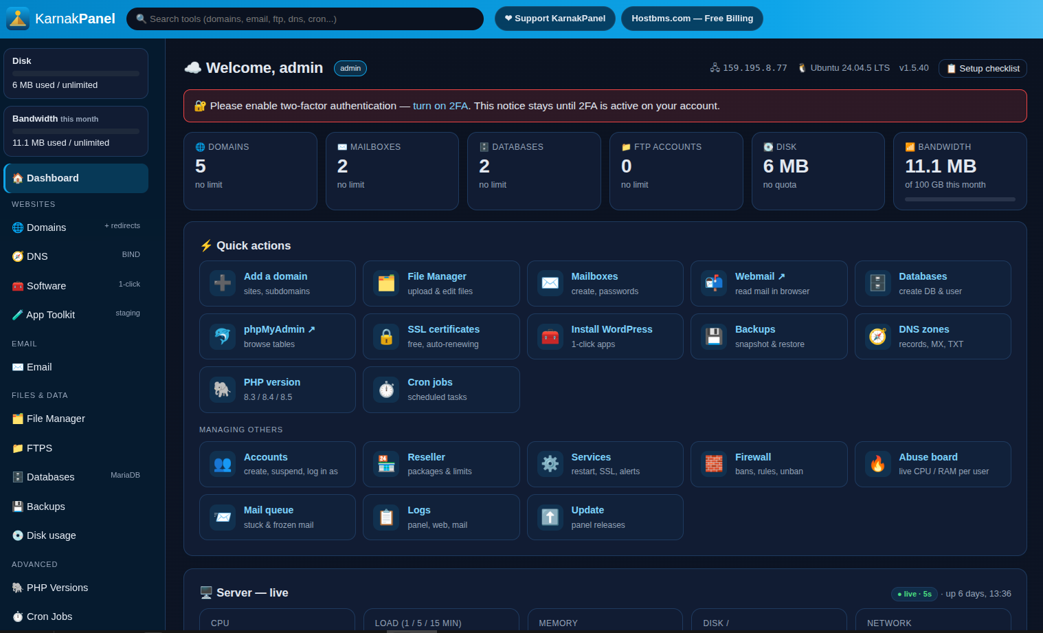 KarnakPanel dashboard — quick actions, account usage tiles, live server health, domains, email, databases, DNS, file manager, SSL and backups